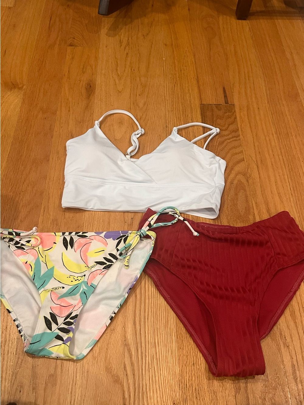 3-Piece Bikini Bundle -Small White Top, XS Floral Bottom, Burgundy High Waist